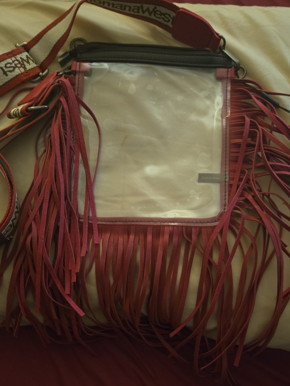 Western Montana West Rose Pink Fringe Clear Crossbody Bag with Branded Strap